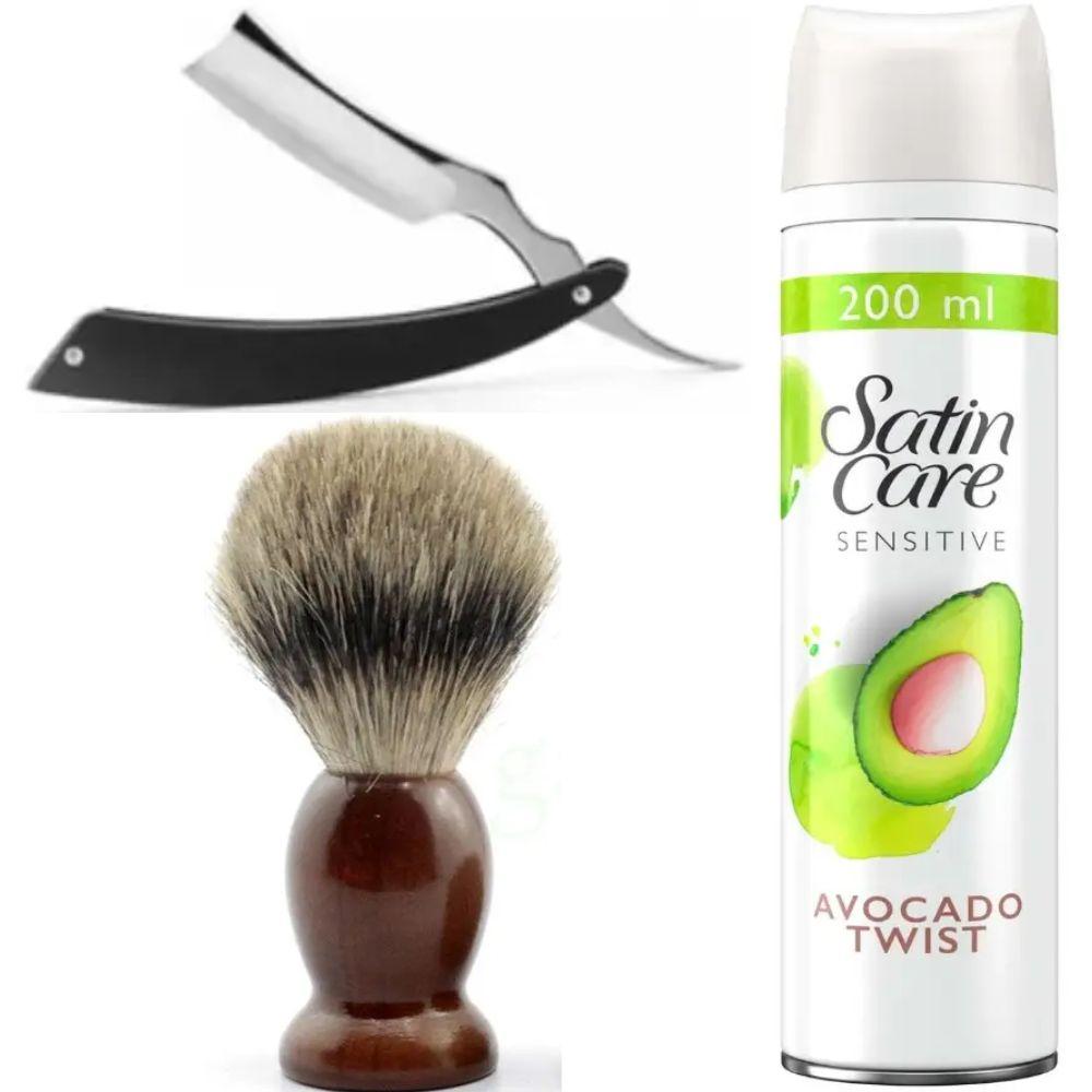 Небезпечна бритва/шавета розкладна Straight Razor + помазок SHIMA + гель для гоління Gillette Satin Care Gel Avocado 200 мл, фото 1