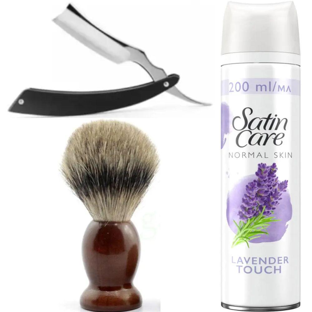 Небезпечна бритва/шавета розкладна Straight Razor + помазок SHIMA + гель для гоління Gillette Satin Care Gel Lavender 200 мл, фото 1