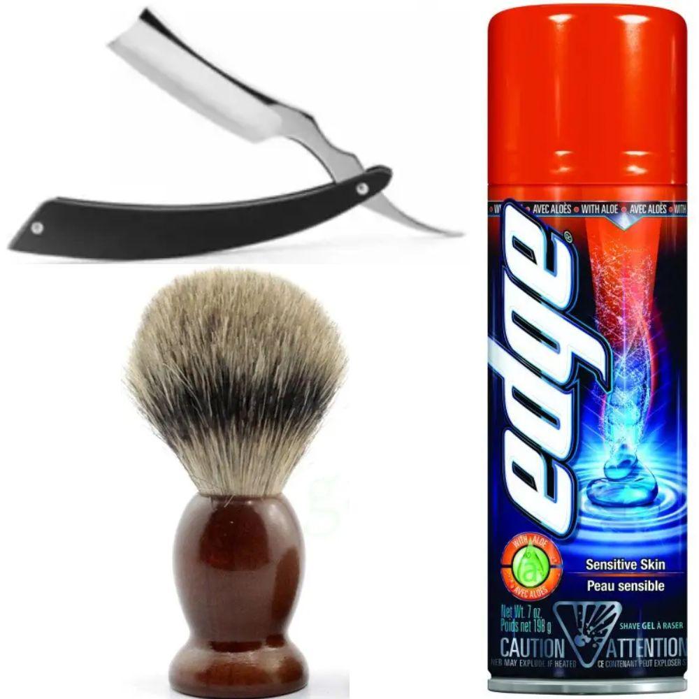 Небезпечна бритва/шавета розкладна Straight Razor + помазок SHIMA + гель для гоління Wilkinson Sword EDGE Sensitive, фото 1