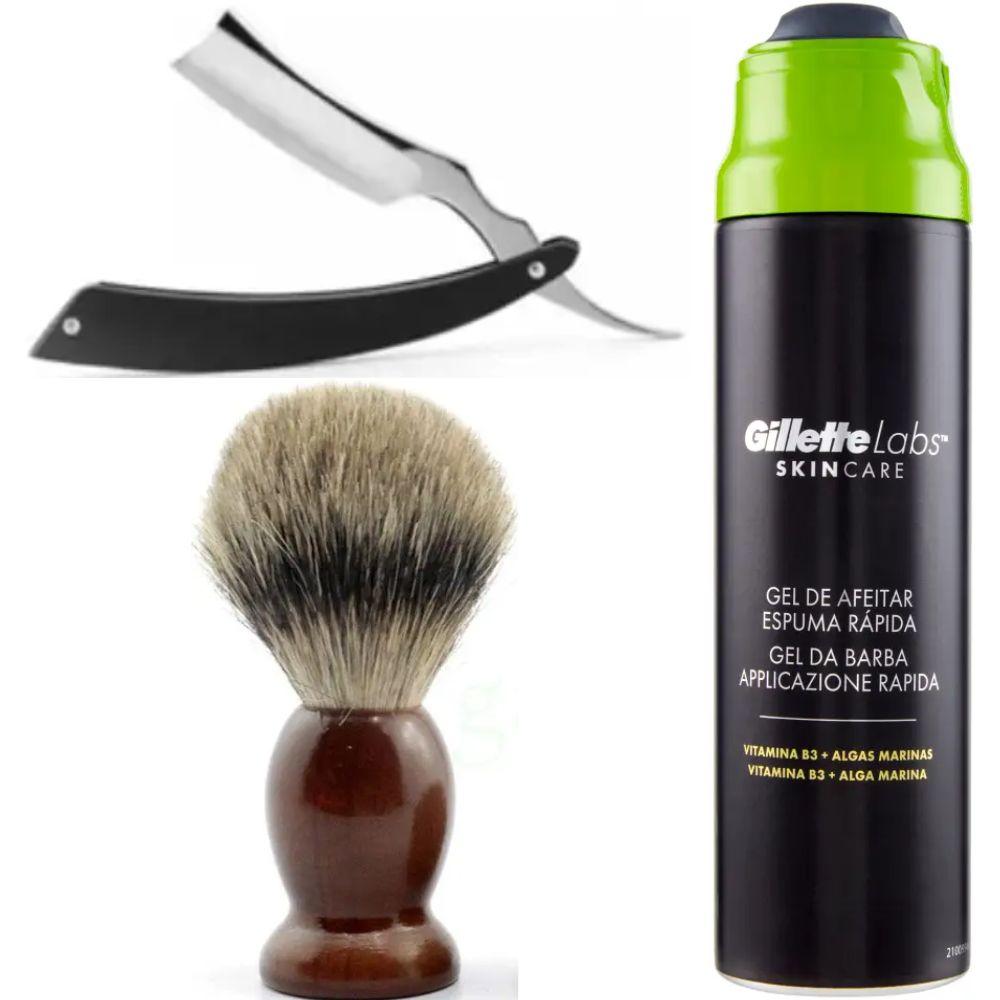 Небезпечна бритва/шавета розкладна Straight Razor + помазок SHIMA + гель для гоління Gillette Labs Gel 198 мл, фото 1