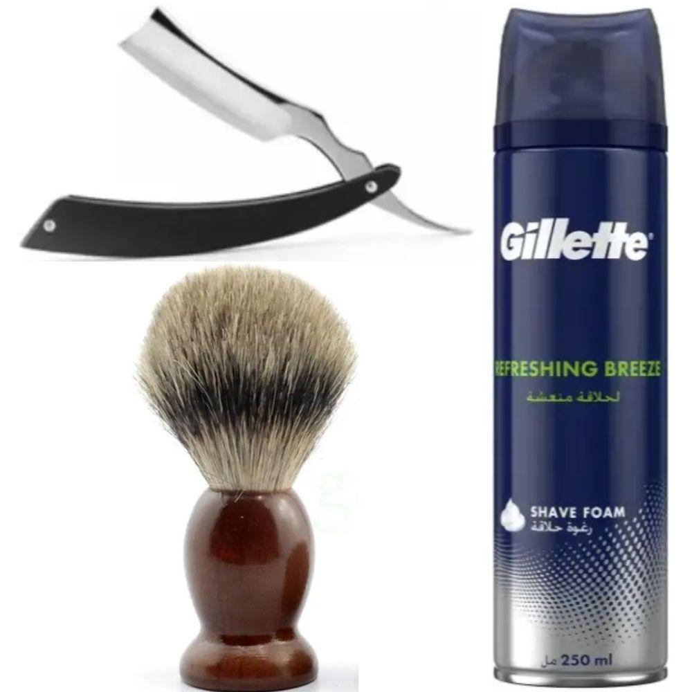 Небезпечна бритва/шавета розкладна Straight Razor + помазок SHIMA + піна для гоління Gillette Refreshing Breeze 250 мл, фото 1