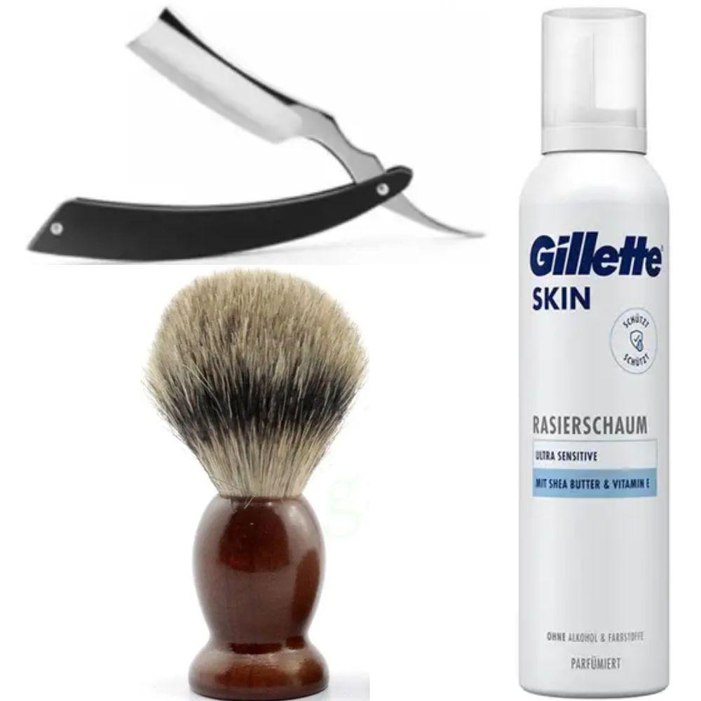 Небезпечна бритва/шавета розкладна Straight Razor + помазок SHIMA + піна для гоління Gillette Skin Ultra Sensitive, фото 1