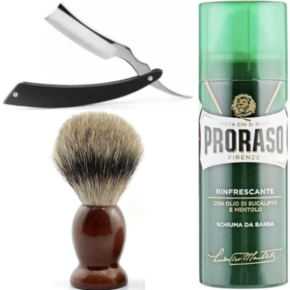 Небезпечна бритва/шавета розкладна Straight Razor + помазок SHIMA + піна для гоління Proraso тонізуюча евкаліпт і ментол, фото 1