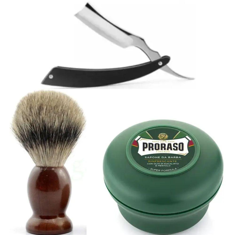 Небезпечна бритва/шавета розкладна Straight Razor + помазок SHIMA + мило для гоління Proraso Rinfrescante Green Eucalyptus, фото 1