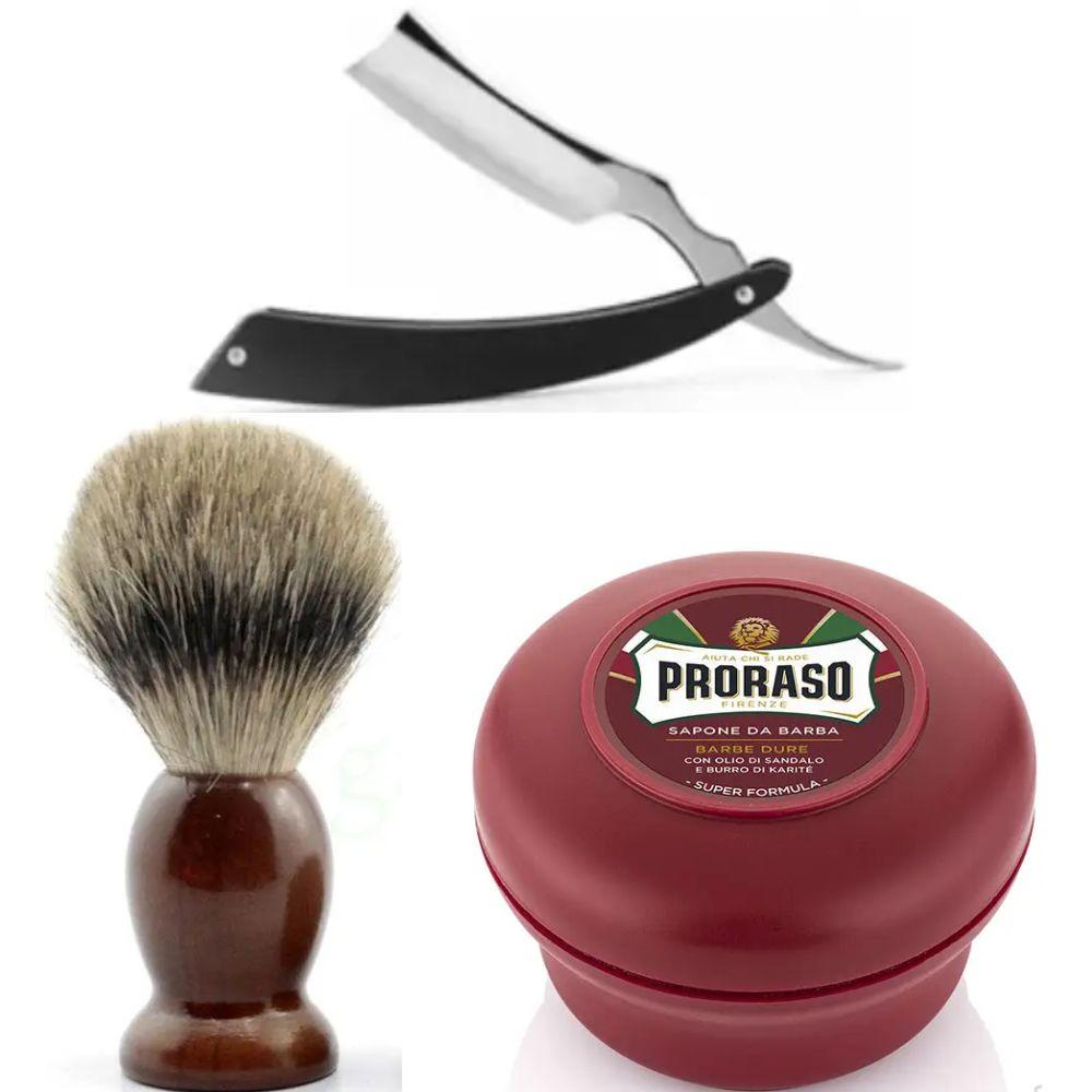Небезпечна бритва/шавета розкладна Straight Razor + помазок SHIMA + мило для гоління Proraso для жорсткої щетини з маслом, фото 1