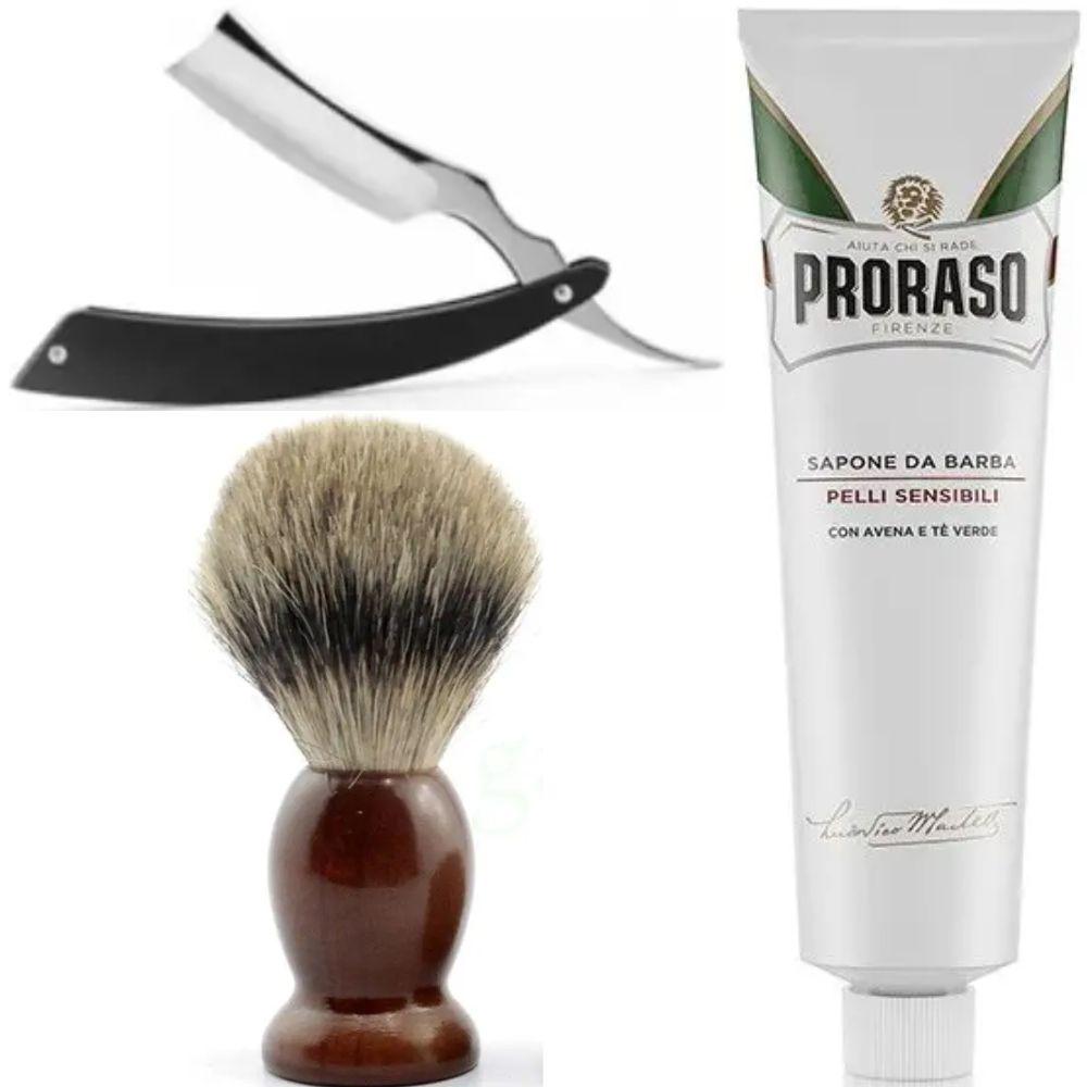 Небезпечна бритва/шавета розкладна Straight Razor + SHIMA + крем для гоління Proraso для чутливої шкіри з зеленим чаєм, фото 1
