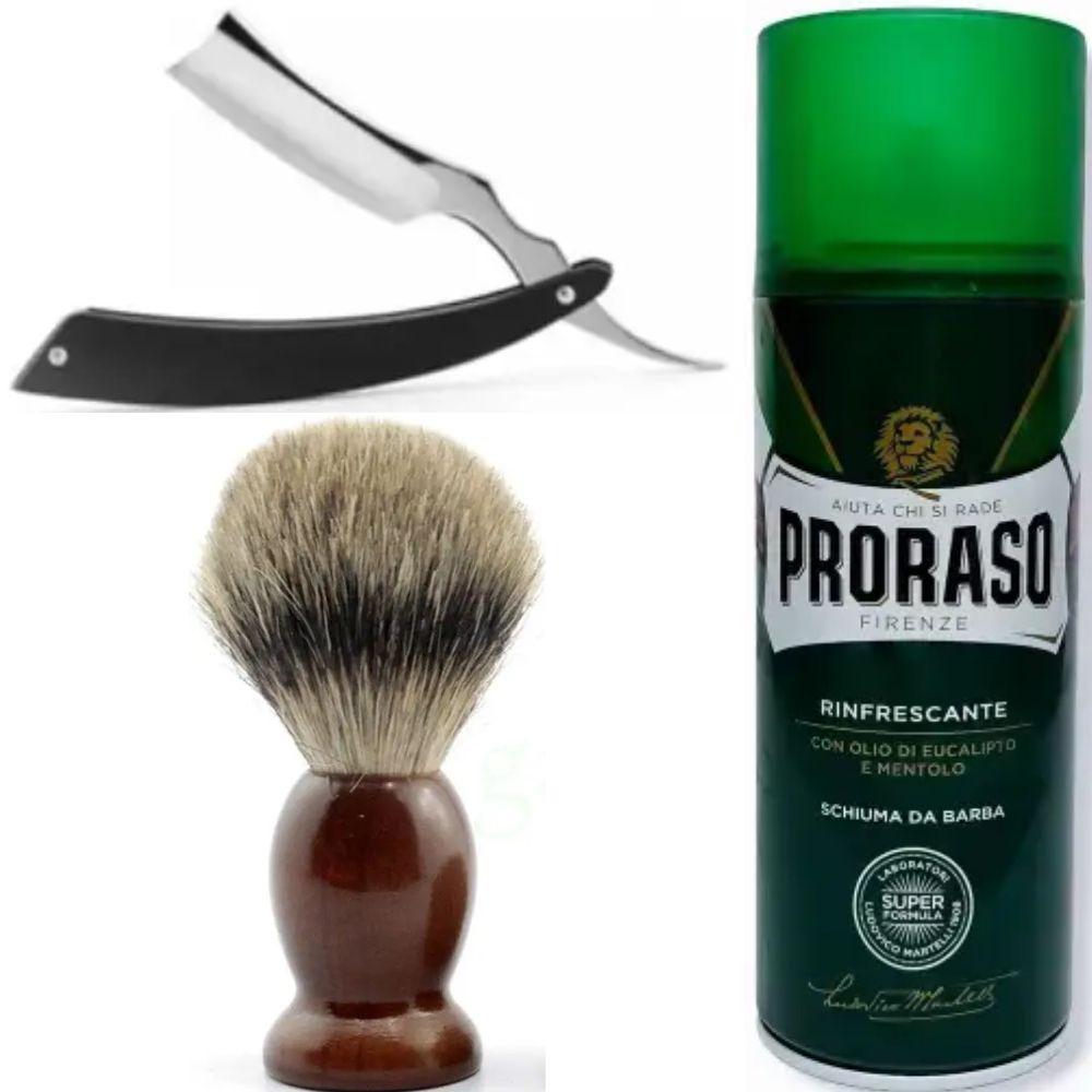 Небезпечна бритва/шавета розкладна Straight Razor + помазок SHIMA + піна для гоління Proraso тонізуюча евкаліпт і ментол, фото 1