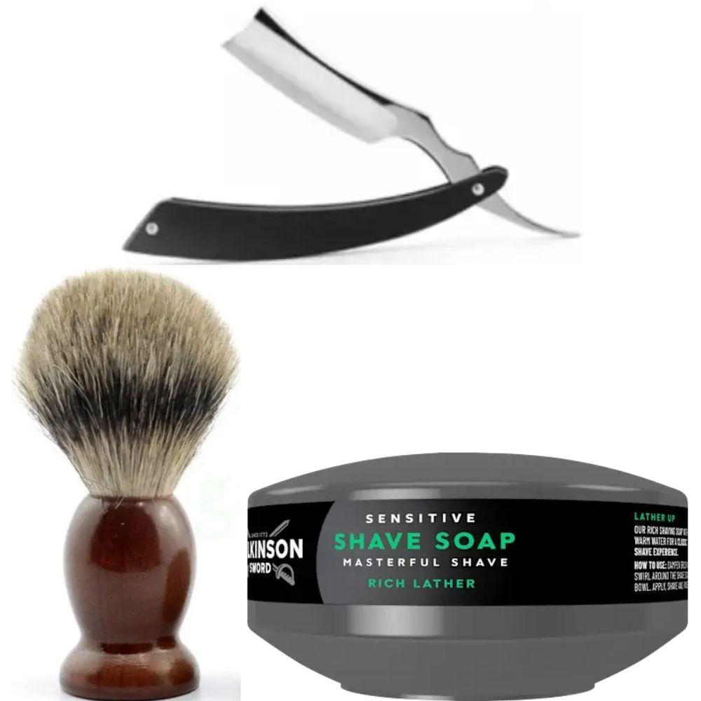 Небезпечна бритва/шавета розкладна Straight Razor + помазок SHIMA + мило для гоління Wilkinson Sword для чутливої шкіри 125г, фото 1