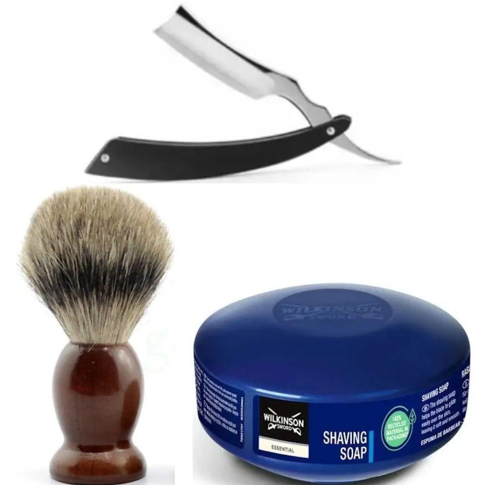 Небезпечна бритва/шавета розкладна Straight Razor + помазок SHIMA + мило для гоління Wilkinson Essential 125г, фото 1