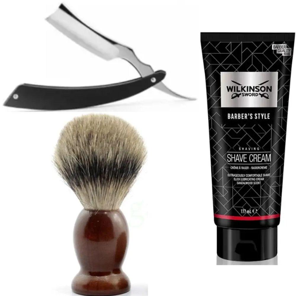 Небезпечна бритва/шавета розкладна Straight Razor + помазок SHIMA синій + крем для гоління Wilkinson Sword Barber's Style Shave, фото 1