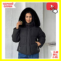 Якісна гарна чорна жіноча зимова куртка з капюшоном і хутром, Тепла жіноча стильна куртка великих розмірів батал осінь-зима