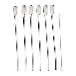 Набір багаторазових ложок-трубочок 6 шт для напоїв 22 см зі щіткою для миття з нержавіючої сталі Сірий HP-20-19