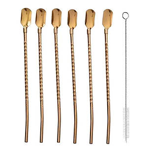 Набір багаторазових ложок-трубочок 6 шт для напоїв 22 см зі щіткою для миття з нержавіючої сталі Бронзовий HP-20-20