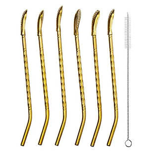 Набір багаторазових ложок-трубочок 6 шт для напоїв 19.5 см зі щіткою для миття з нержавіючої сталі Бронзовий HP-20-55