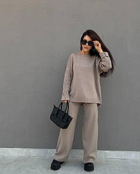 Жіночий в'язаний трикотажний костюм oversize подовжений светр та широкі прямі штани з вовною капучино, шоколад, молочний меланж
