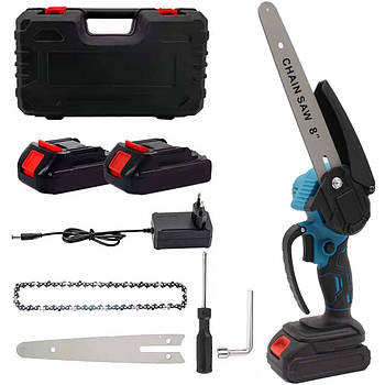 Акумуляторна пила ланцюгова 8" в кейсі + 2 АКБ 24V, 5Ah, Синій / Ручна електропила для саду / Ланцюгова міні пила
