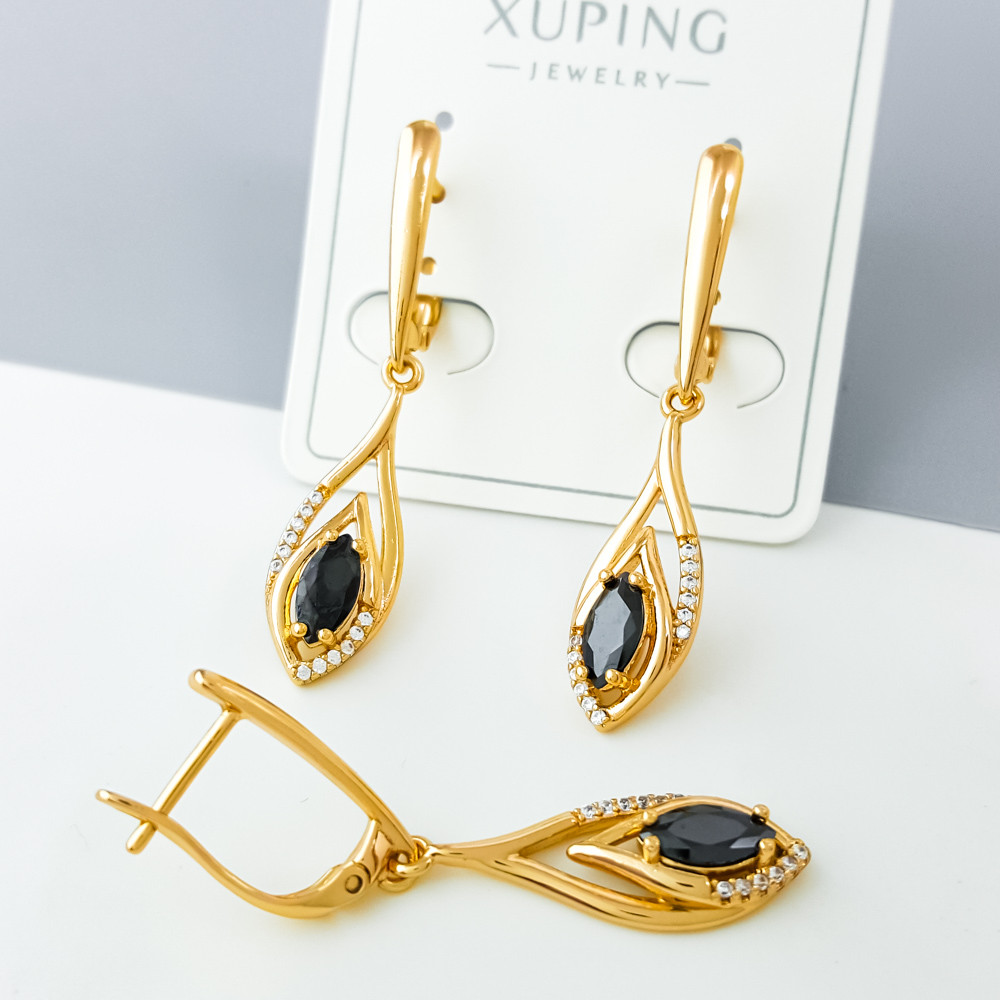 Сережки підвіски Золоті Краплини з чорним цирконієм, англ.замок, медзолото Xuping позолота 18K, фото 1