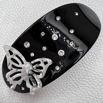 Заколка автомат для волос овальная глянцевая черного цвета с бабочкой и белыми стразами ширина 4 см длина 10 см, фото 1