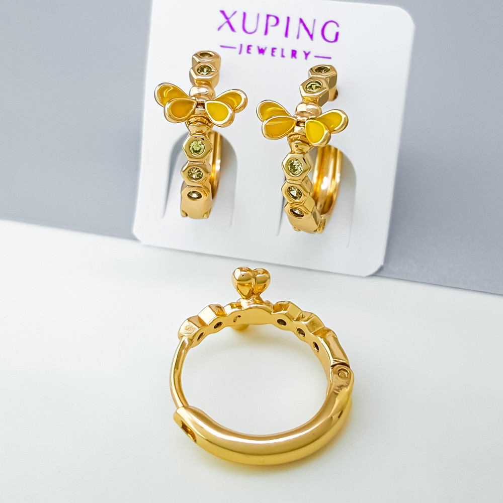 Сережки дитячі, Стрикоза з світло-зеленим цирконієм та жовтою емалью, медзолото Xuping позолота 18K, фото 1