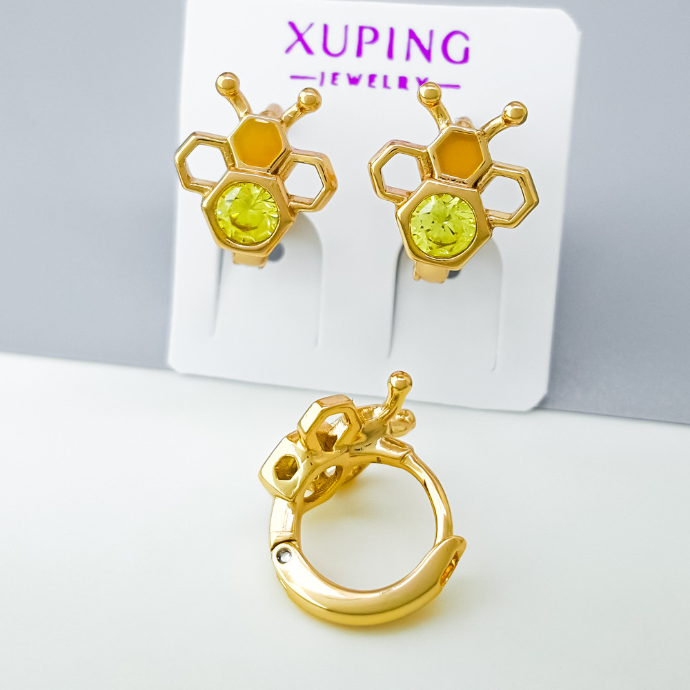 Сережки дитячі, Бджілки з світло-зеленим цирконієм та жовтою емалью, медзолото Xuping позолота 18K, фото 1