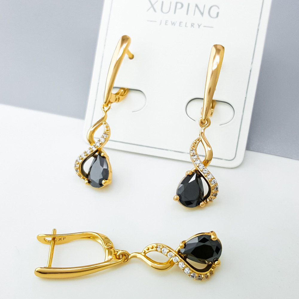 Сережки підвіски Бескінечність з чорним камінцем, англ.замок, медзолото Xuping позолота 18K, фото 1