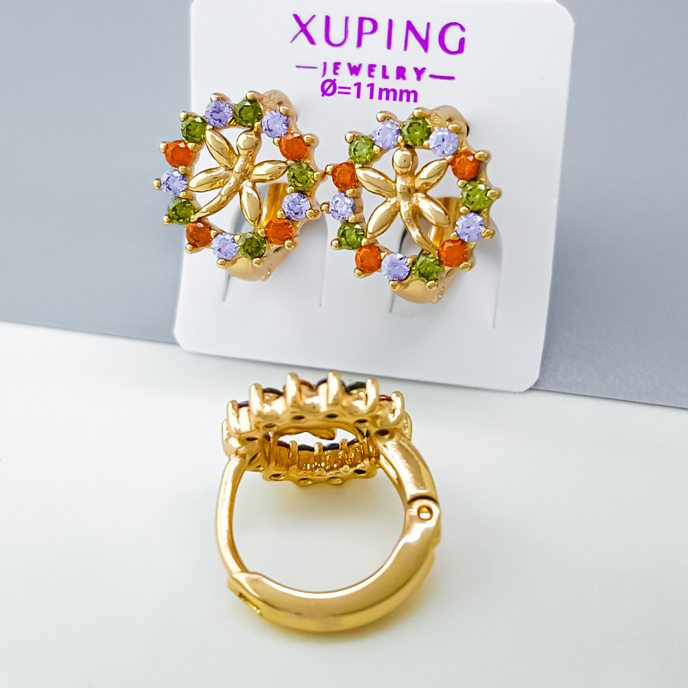 Сережки Вінок з різнобарвними камінцями, медзолото Xuping позолота 18K, фото 1