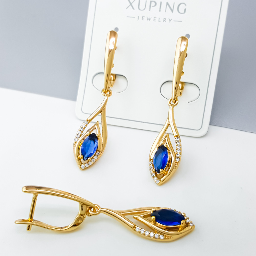 Сережки підвіски Маркіз з синім цирконієм, англ.замок; медичне золото Xuping 18К, фото 1