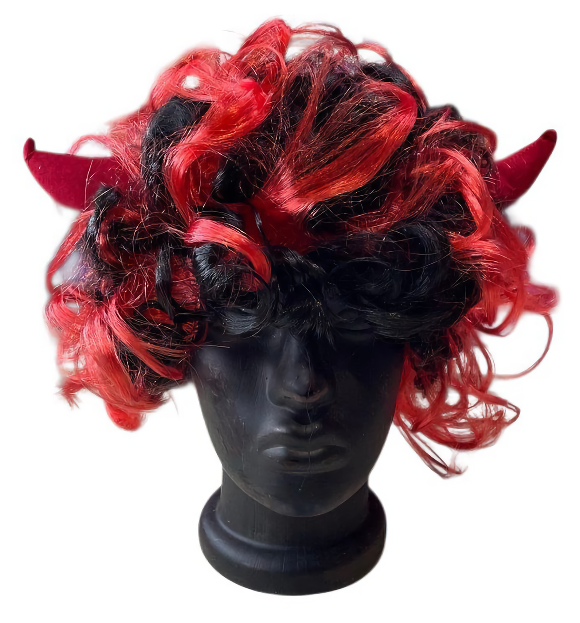 Перука з ріжками червоно-чорна кучерява, штучне волосся, Китай