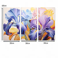 Модульна картина «Іриси» Яскраві квіти Триптих на полотні 90х60 см Стильний настінний декор, фото 4