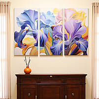 Модульна картина «Іриси» Яскраві квіти Триптих на полотні 90х60 см Стильний настінний декор, фото 3