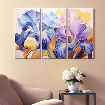 Модульна картина «Іриси» Яскраві квіти Триптих на полотні 90х60 см Стильний настінний декор