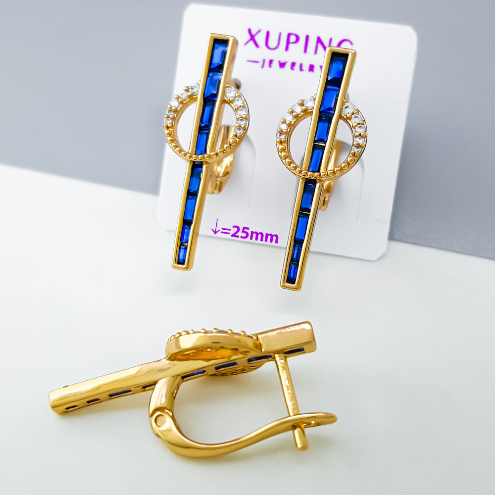 Сережки Стріла з з синім багетним цирконієм, англ.замок; медичне золото Xuping 18К, фото 1
