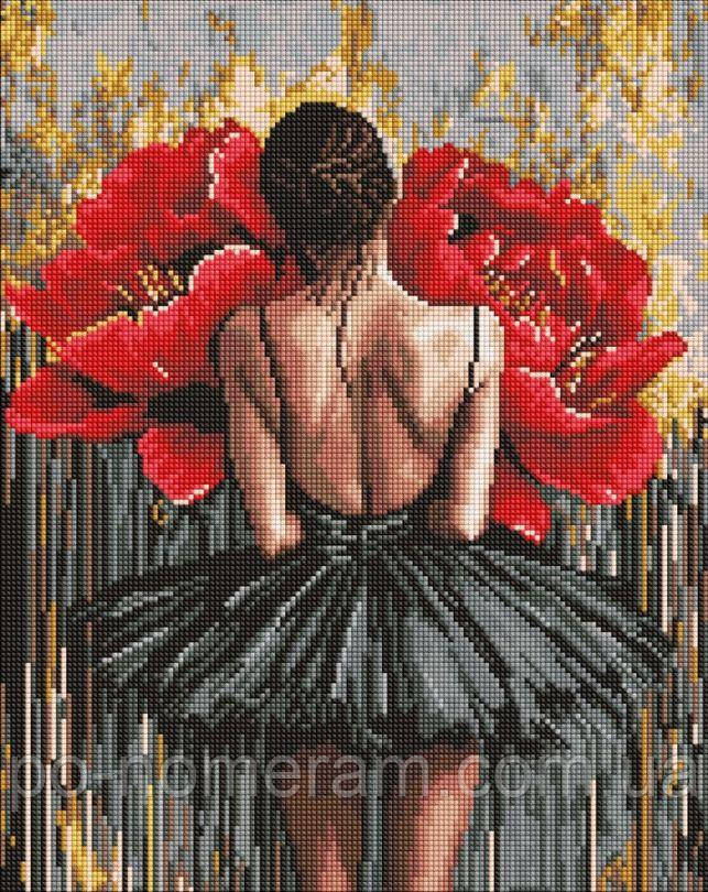 Набір алмазної мозаїки Ідейка Балерина з червоними півоніями ©art_selena_ua (AMO8356) 40 х 50 см (На підрамнику), фото 1
