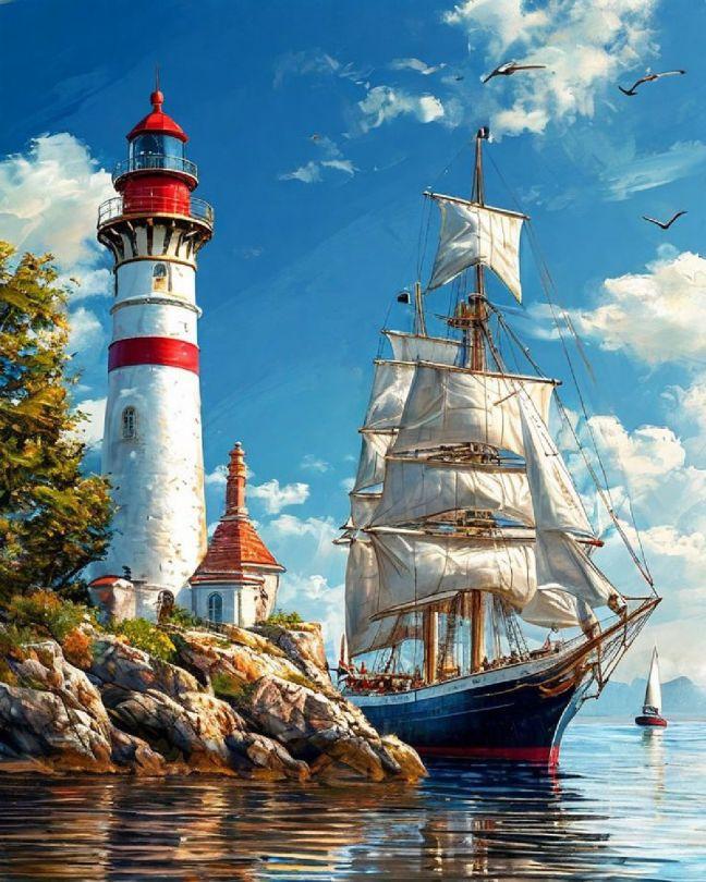 Картина алмазами НікіТошка Вітрильник біля маяка (NT197) 40 х 50 см (На підрамнику), фото 1