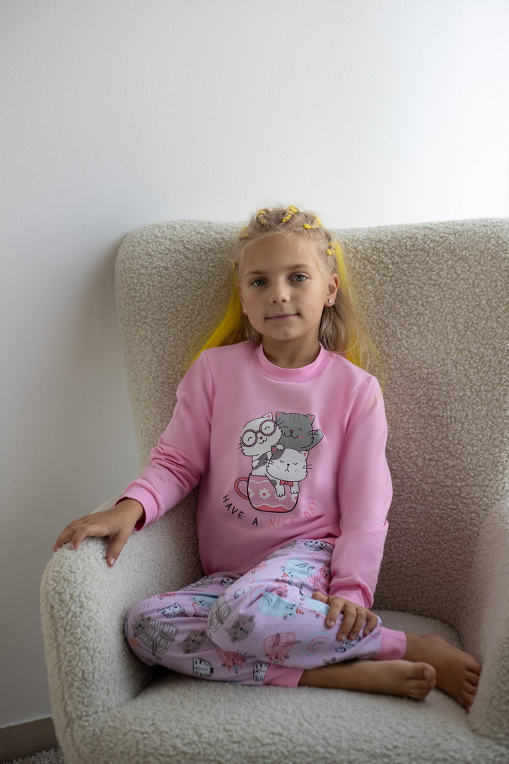 2677-09рож Тепла піжама для дівчаток рожева з котиками Тм Авекс