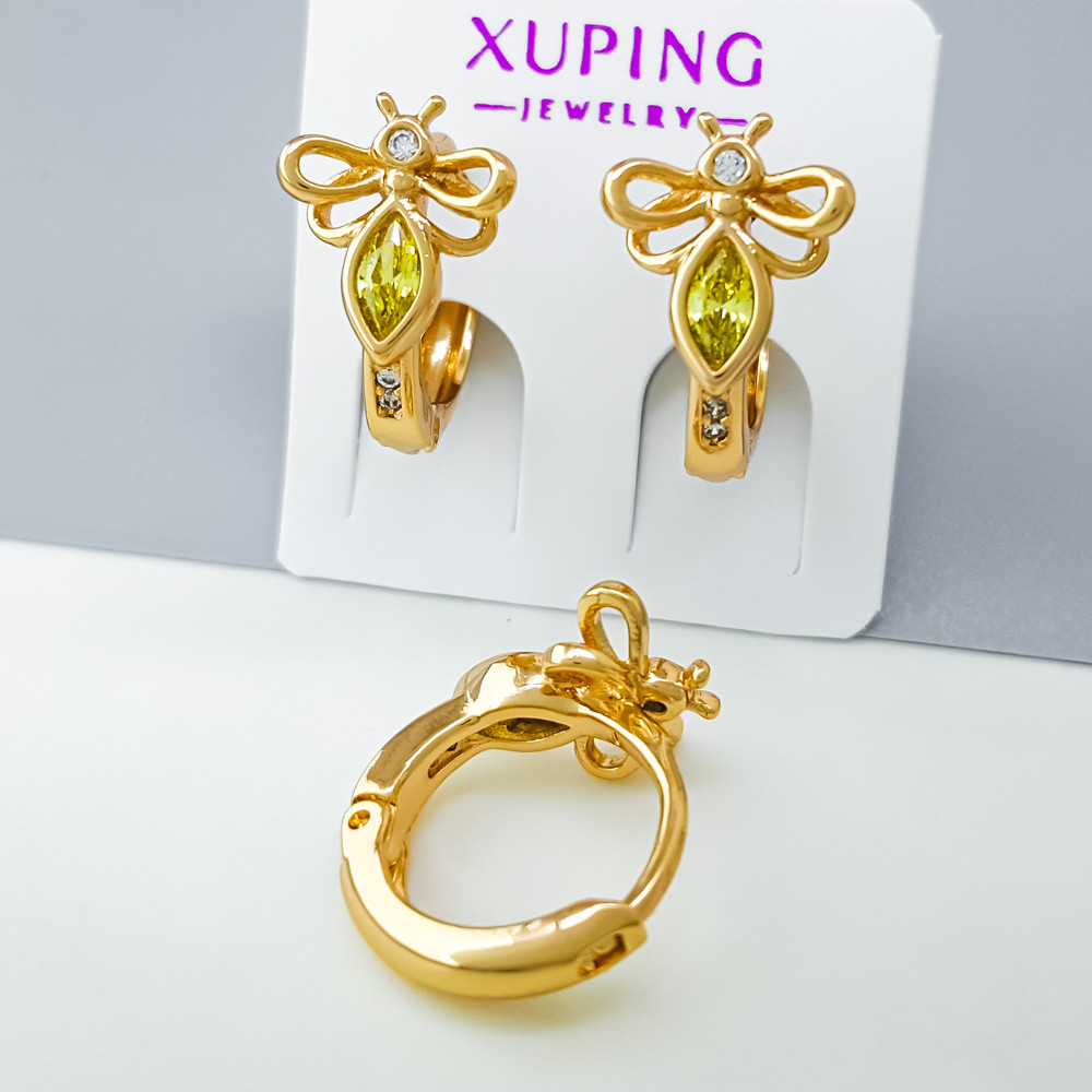 Сережки дитячі, Стрикоза з світло-зеленим цирконієм, медзолото Xuping позолота 18K, фото 1