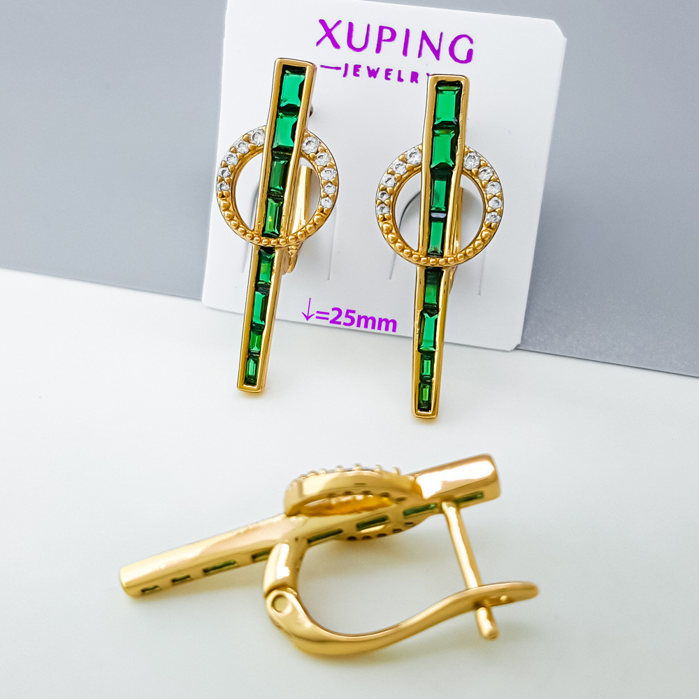 Сережки Стріла з зеленим багетним цирконієм, англ.замок; медичне золото Xuping 18К, фото 1