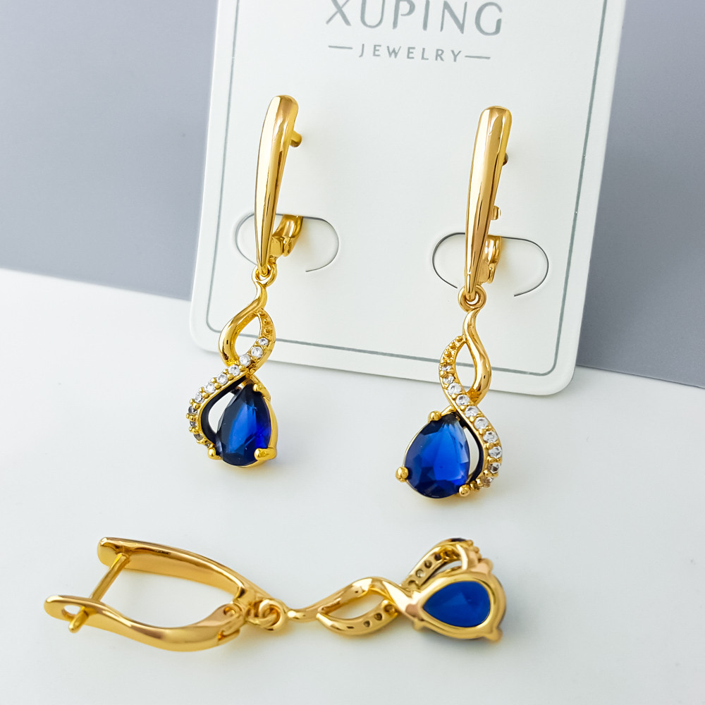 Сережки Бескінечність з синім цирконієм, англ.замок, медзолото Xuping позолота 18K, фото 1