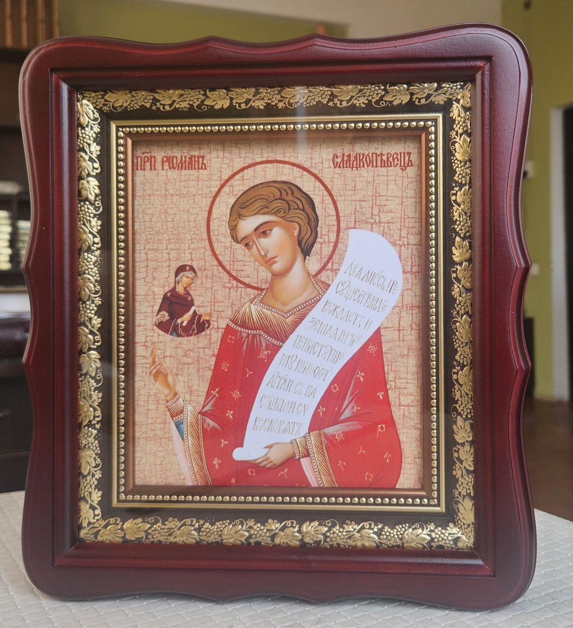 Ікона Роман Солодкоспівець в темному фігурному дерев'яному кіоті під склом, розмір кіота 26*23, сюжет 15*18., фото 1