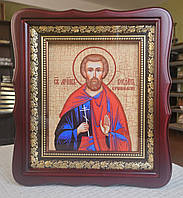 Икона Святой мученик Богдан(Феодот)в темном деревянном фигурном киоте под стеклом,размер киота26×23,сюжет15×18