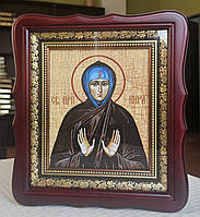 Икона именная Святая преподобная Кира в темном деревянном фигурном киоте под стеклом, размер 26*23,сюжет 15*18