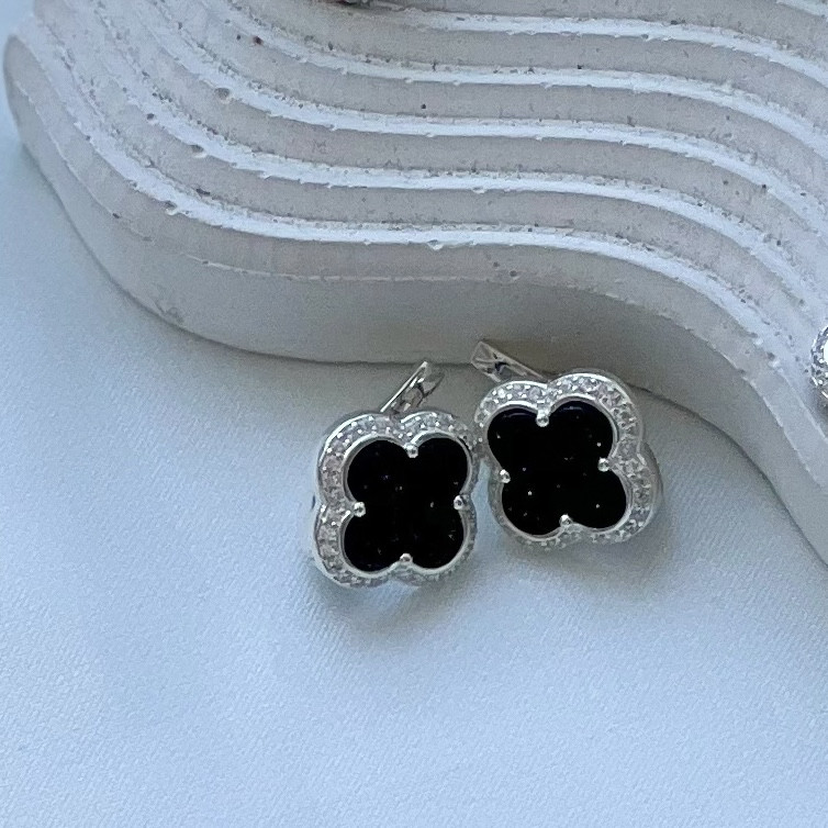 Сережки-конюшинки зі срібла з авантюрином та інкрустацією цирконієм "Роксолана" - англійська застібка, 12 мм, фото 1