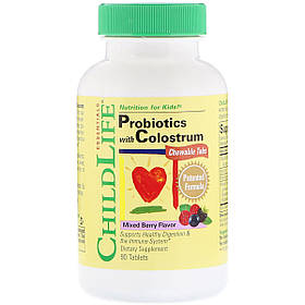 Пробіотик для Дітей з молозива, Смак ягід, ChildLife, Probiotics with Colostrum, 90 жув. табл.