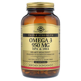 Риб'ячий Жир, Омега 3 (Omega-3 EPA, DHA), 950 мг, Потрійна Сила, Solgar, 100 желатинових капсул