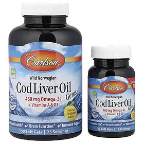 Жир з Печінки Тріски, Смак Лимону, Cod Liver Oil Lemon, Carlson, 150+30 желатинових капсул