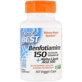 Бенфотіамін 150 і альфа-ліпоєва кислота 300,  Benfotiamine 150 + Alpha-Lipoic Acid 300, Doctor's Best, 60 веганських капсул