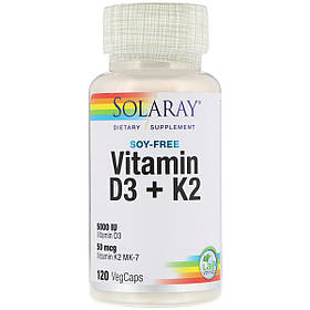 Вітамін D3 + K2, Soy-Free Vitamin D3 + K2, Solaray, 120 вегетаріанських капсул