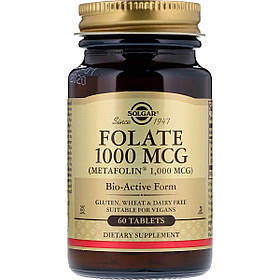 Фолієва кислота (В9), Метафолін, 1,000 мкг, Folate as Metafolin, Solgar, 60 таблеток