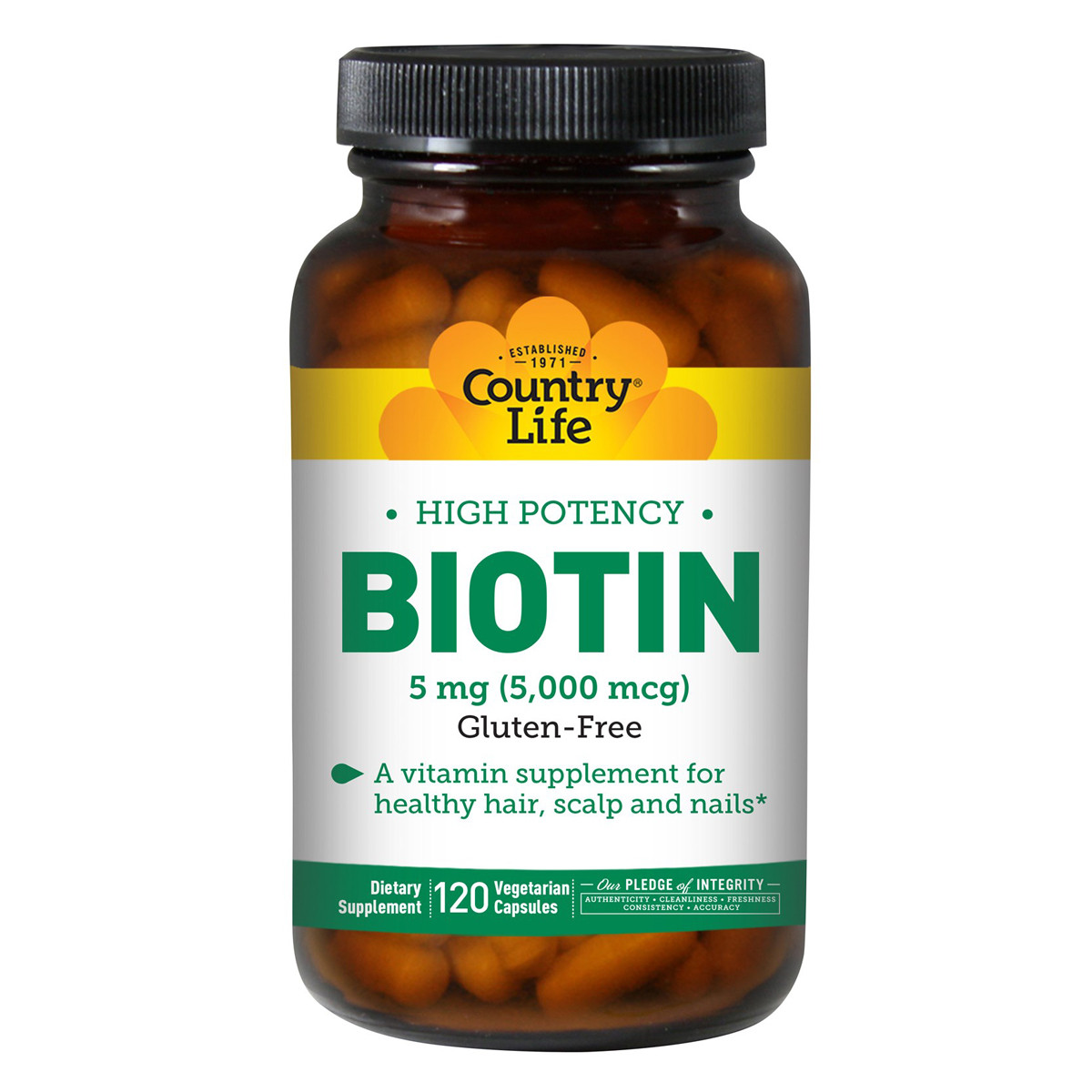 Концентрований Біотин (В7), 5 мг, High Potency Biotin, Country Life, 120 желатинових капсул, фото 1