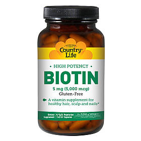 Концентрований Біотин (В7), 5 мг, High Potency Biotin, Country Life, 120 желатинових капсул